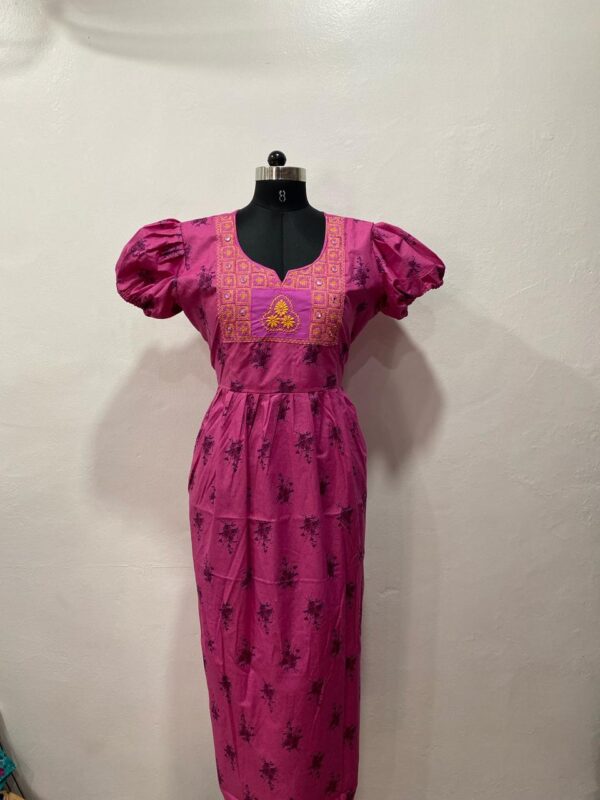 NON-FEEDING NECK EMBRODIDERY FROCK NIGHTY WITH SIDE POCKET & ELASTIC PUFF SLEEVE