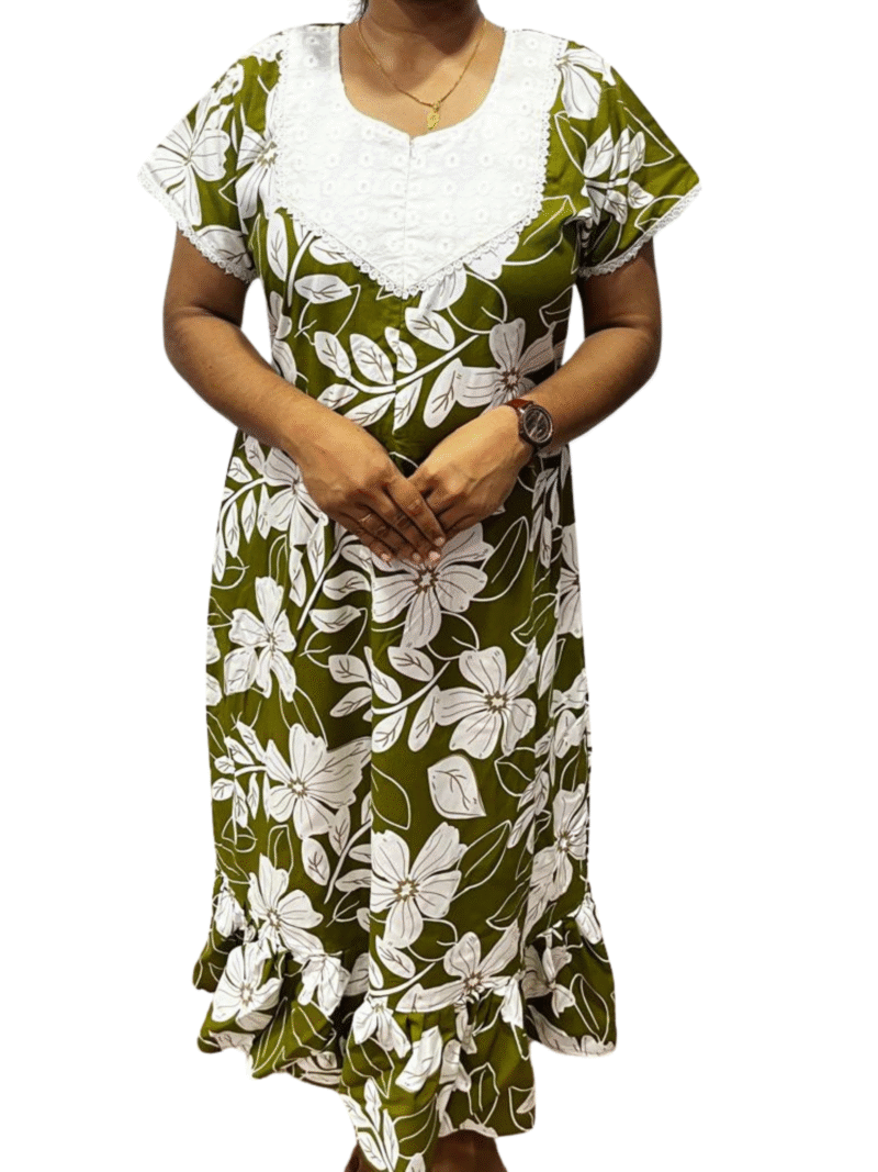 Olive Green Floral Feeding Frock Nighty with Hakoba Neck & 12” Center Zip – Rayon | ₹559