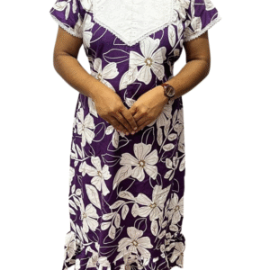 Purple Floral Rayon Frock Feeding Nighty with Hakoba Neck & Lace Sleeves | 48” Length, 44” Bust, Side Pocket & Concealed Feeding Zip