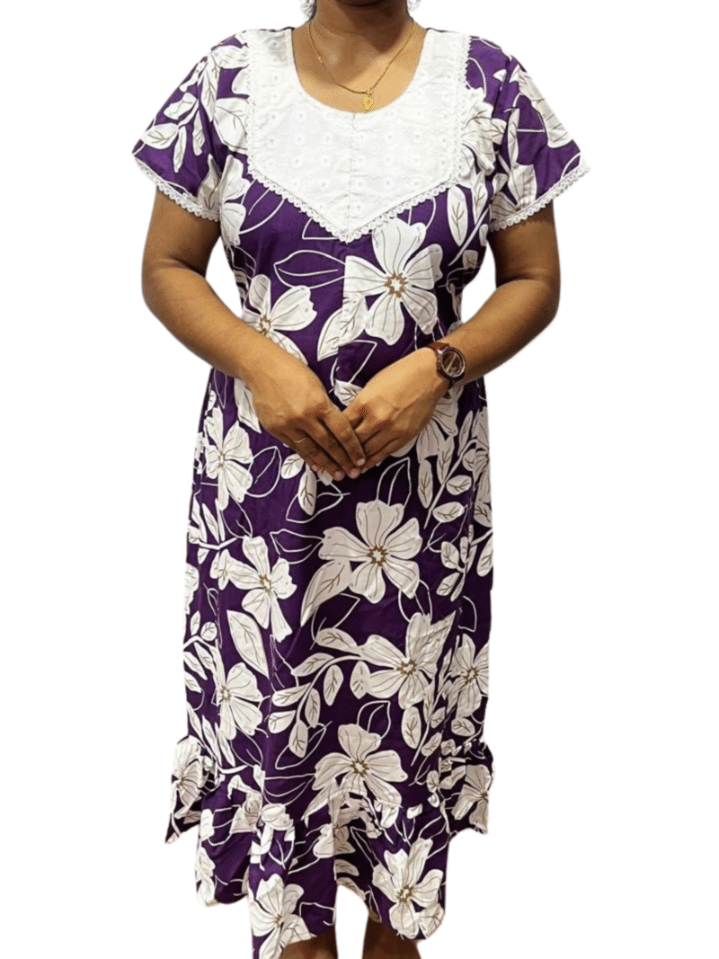 Purple Floral Rayon Frock Feeding Nighty with Hakoba Neck & Lace Sleeves | 48” Length, 44” Bust, Side Pocket & Concealed Feeding Zip