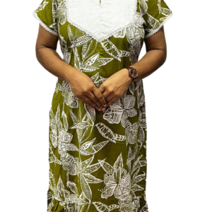 Green Floral Rayon Frock Model Feeding Nighty with Hakoba Neck & Lace Sleeves | 48” Length, 44” Bust, Side Pocket & Concealed Feeding Zip