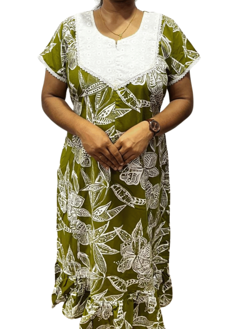 Green Floral Rayon Frock Model Feeding Nighty with Hakoba Neck & Lace Sleeves | 48” Length, 44” Bust, Side Pocket & Concealed Feeding Zip