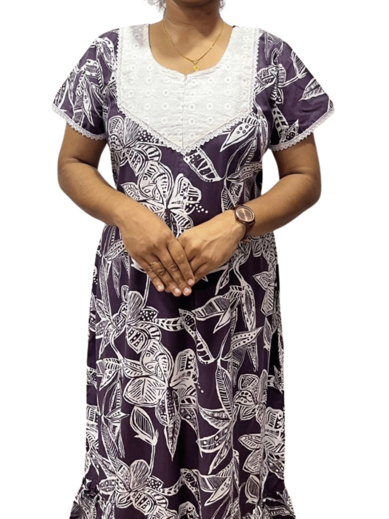 Dark Purple Floral Rayon Frock Model Feeding Nighty with Hakoba Neck & Lace Sleeves | 48” Length, 44” Bust, Side Pocket & Concealed Feeding Zip