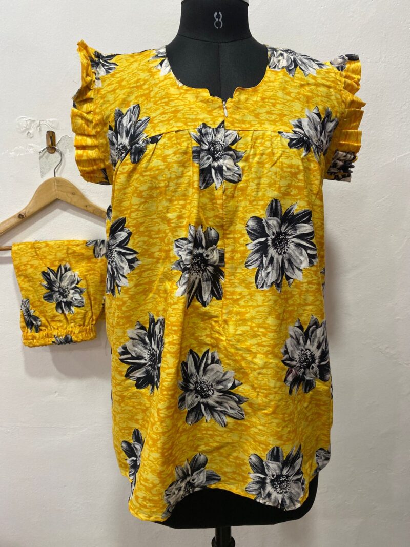 Yellow & Black Floral Feeding Night Dress with 12” Hidden Zip & Ruffled Sleeves – Cotton ₹480