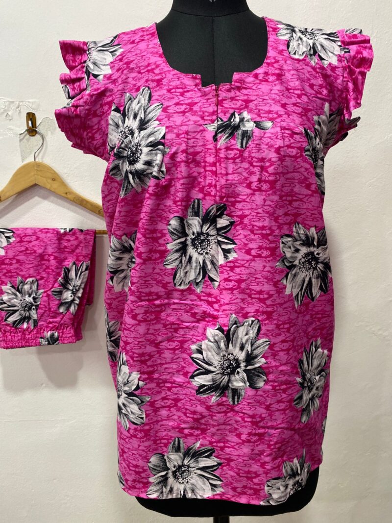 Pink & Black Floral Feeding Night Dress with 12” Hidden Zip & Ruffled Sleeves – Cotton ₹480