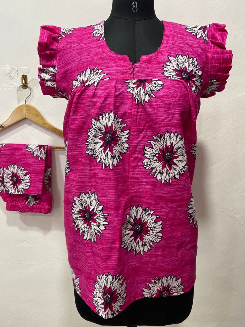 Pink Daisy Floral Feeding Night Dress with 12” Invisible Zip & Ruffled Sleeves – Cotton Set ₹480