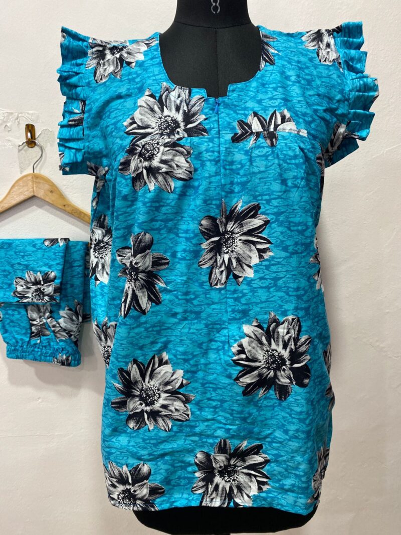 Blue & Black Floral Feeding Night Dress with 12” Hidden Zip & Ruffled Sleeves – Cotton ₹480