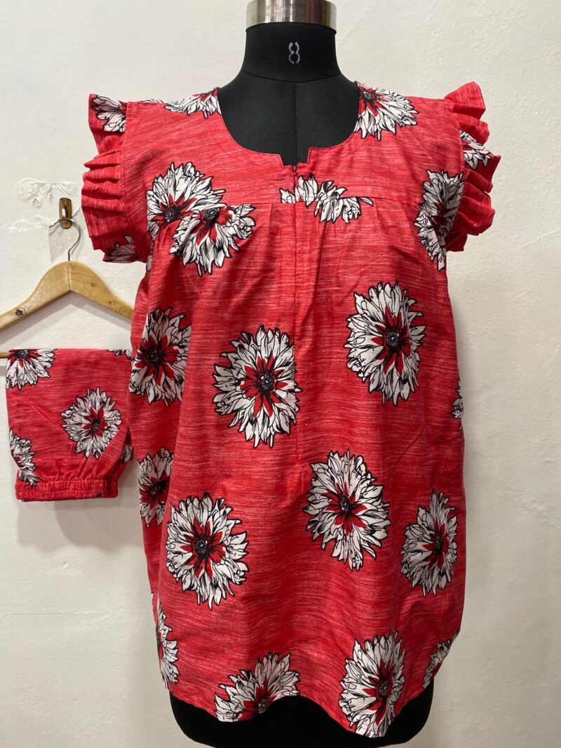 Red Daisy Floral Feeding Night Dress with 12” Invisible Zip & Ruffled Sleeves – Cotton Set ₹480