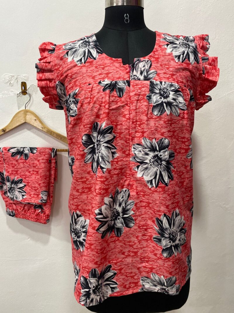 Red & Black Floral Feeding Night Dress with 12” Hidden Zip & Ruffled Sleeves – Cotton ₹480