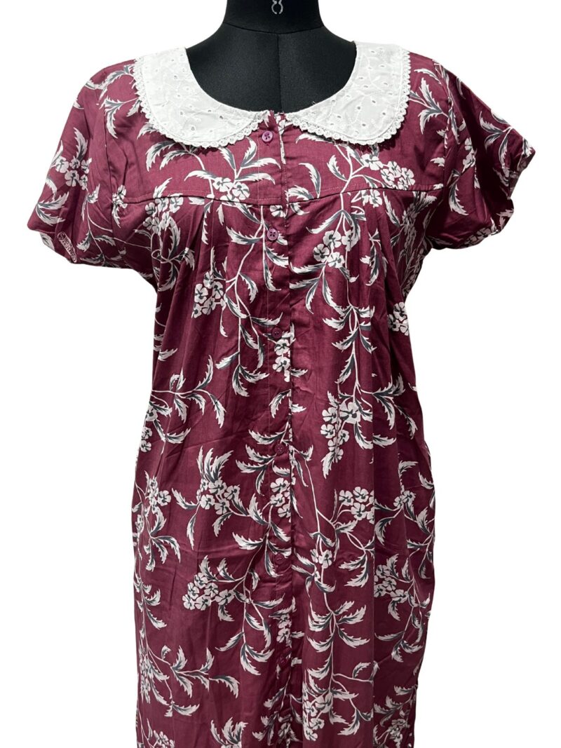 Full-Open Button Cotton Nighty with Hakoba Lace Collar – Nursing Friendly | 52" Length