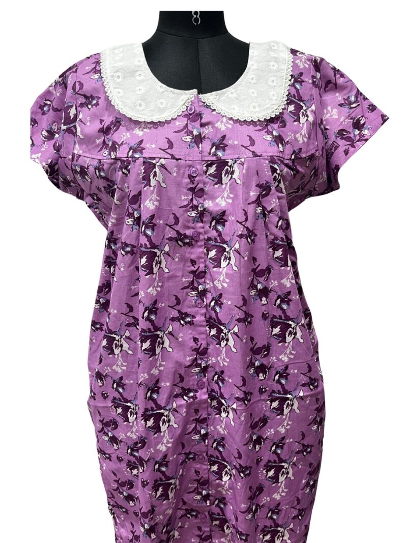 Full-Open Button Cotton Nighty with Hakoba Lace Collar – Nursing Friendly | 52" Length