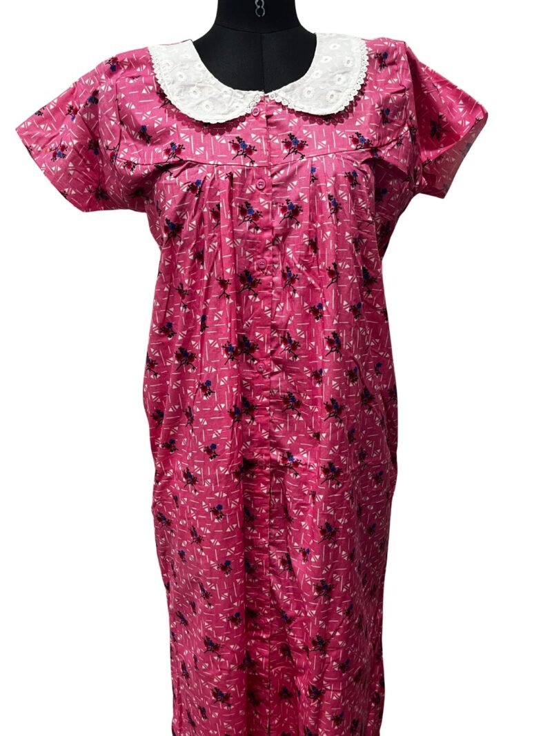 Full-Open Button Cotton Nighty with Hakoba Lace Collar – Nursing Friendly | 52" Length