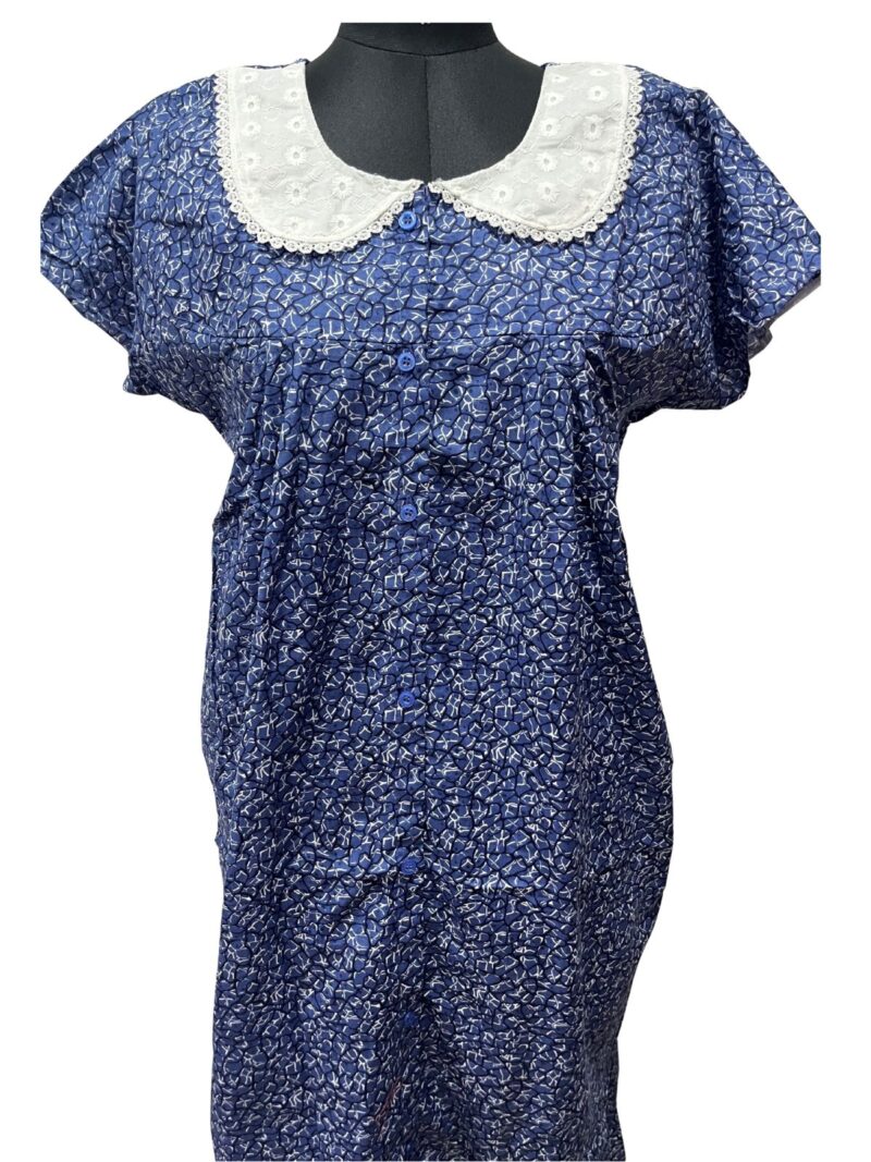 Full-Open Button Cotton Nighty with Hakoba Lace Collar – Nursing Friendly | 52" Length