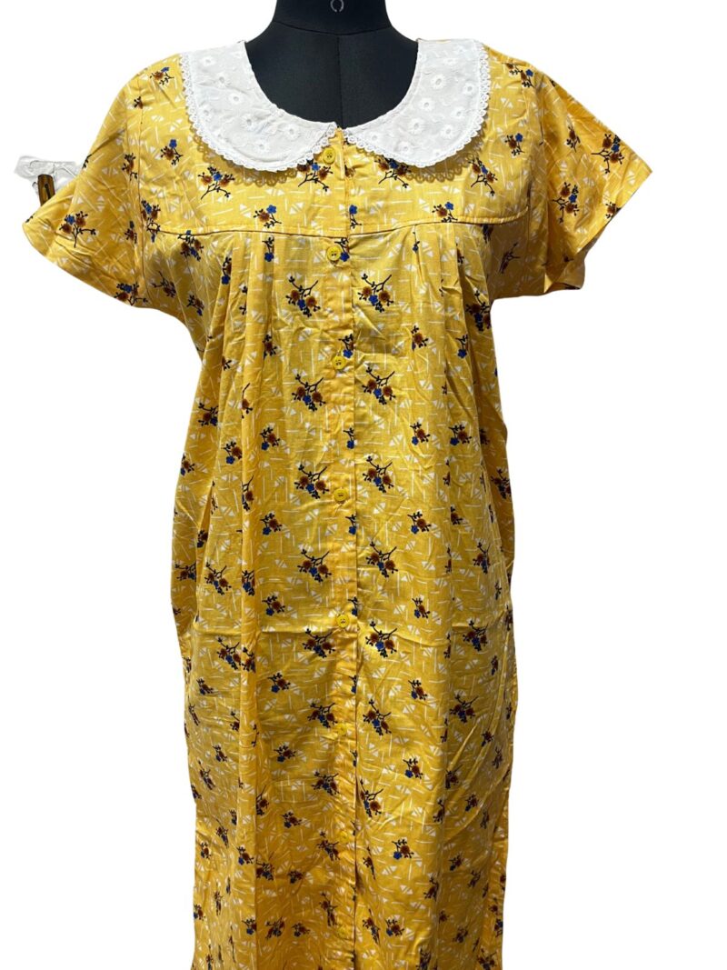 Full-Open Button Cotton Nighty with Hakoba Lace Collar – Nursing Friendly | 52" Length