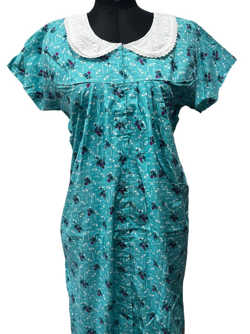 Full-Open Button Cotton Nighty with Hakoba Lace Collar – Nursing Friendly | 52" Length