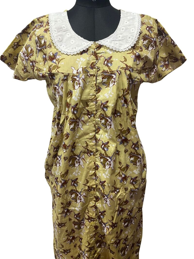 Full-Open Button Cotton Nighty with Hakoba Lace Collar – Nursing Friendly | 52" Length