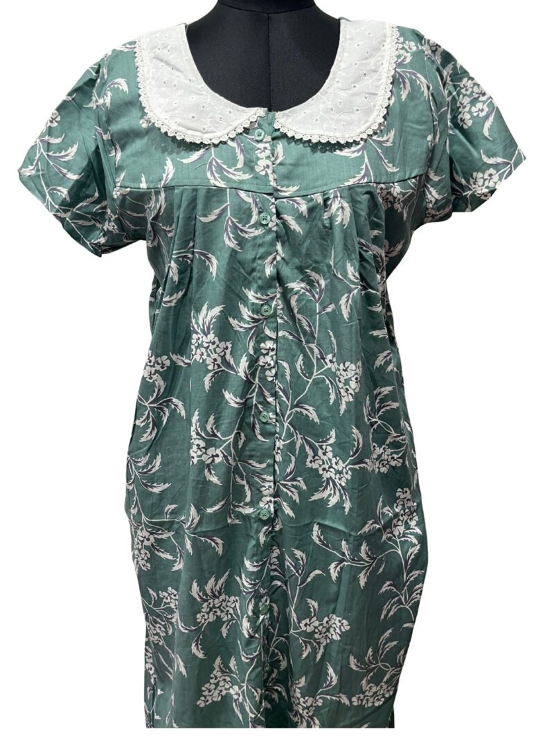 Full-Open Button Cotton Nighty with Hakoba Lace Collar – Nursing Friendly | 52" Length