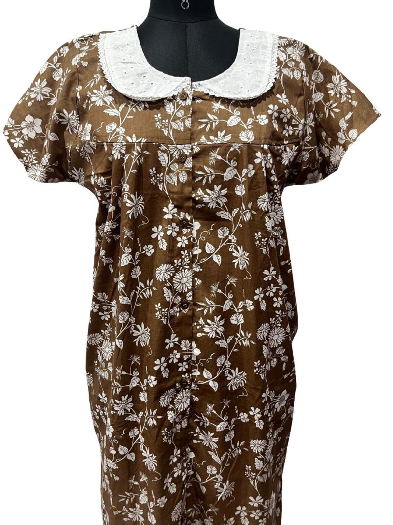 Full-Open Button Cotton Nighty with Hakoba Lace Collar – Nursing Friendly | 52" Length