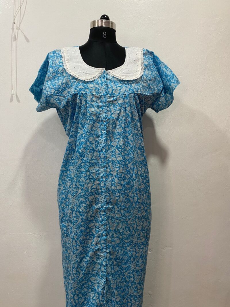 Full-Open Button Cotton Nighty with Hakoba Lace Collar – Nursing Friendly | 52" Length