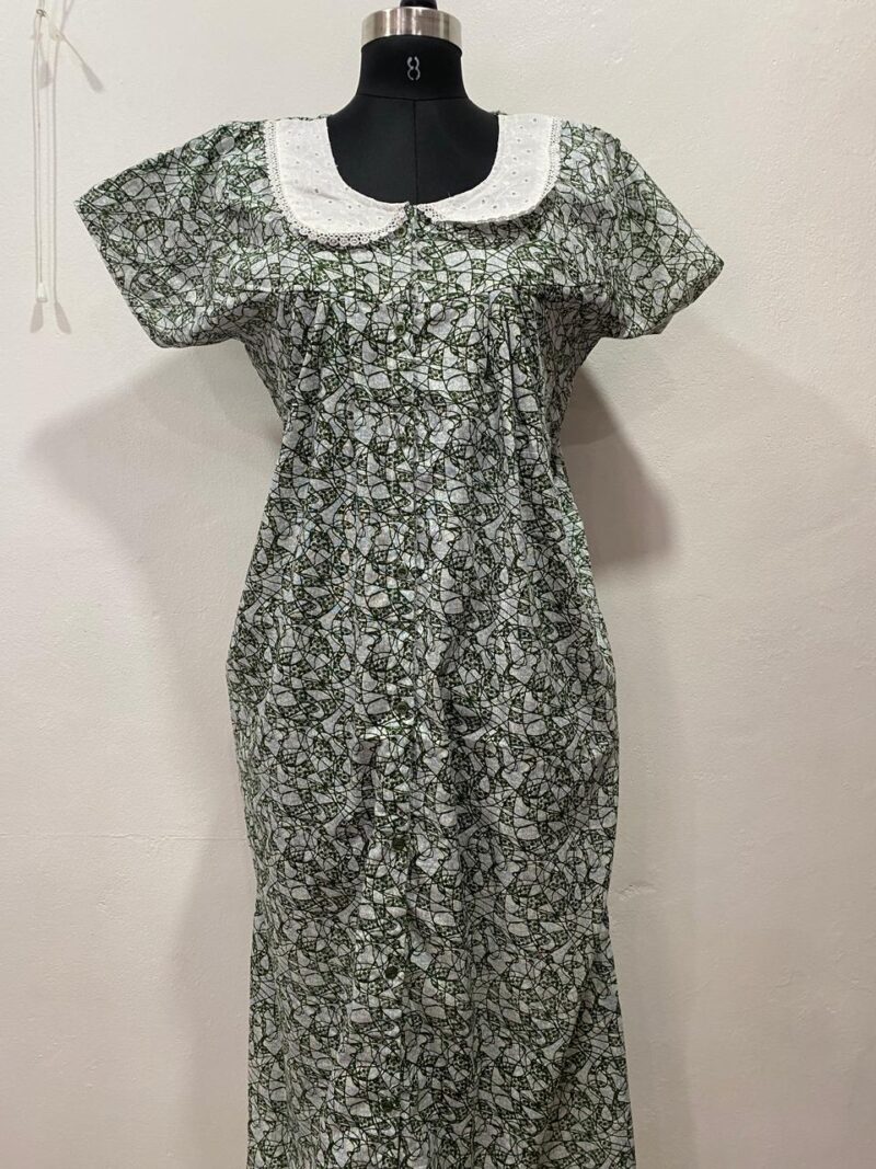 Full-Open Button Cotton Nighty with Hakoba Lace Collar – Nursing Friendly | 52" Length