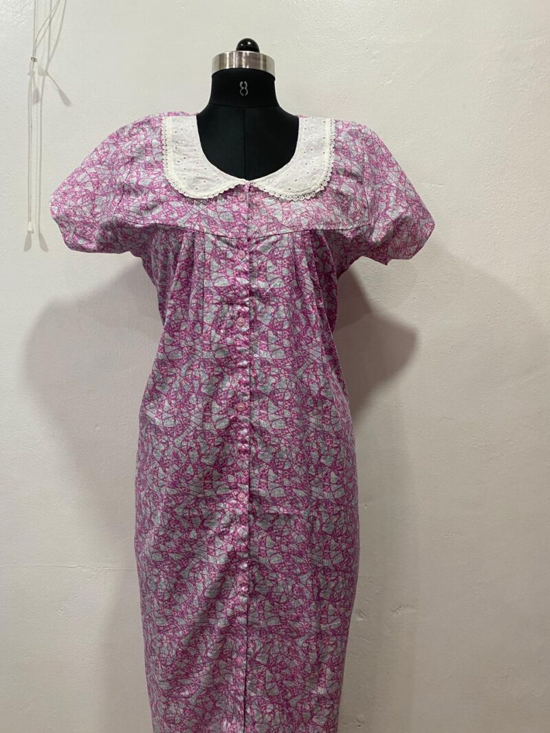 Full-Open Button Cotton Nighty with Hakoba Lace Collar – Nursing Friendly | 52" Length