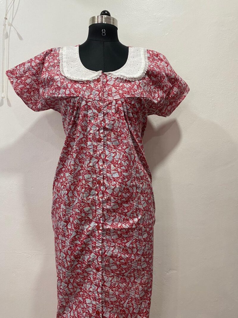 Full-Open Button Cotton Nighty with Hakoba Lace Collar – Nursing Friendly | 52" Length