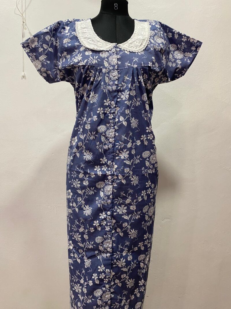 Full-Open Button Cotton Nighty with Hakoba Lace Collar – Nursing Friendly | 52" Length