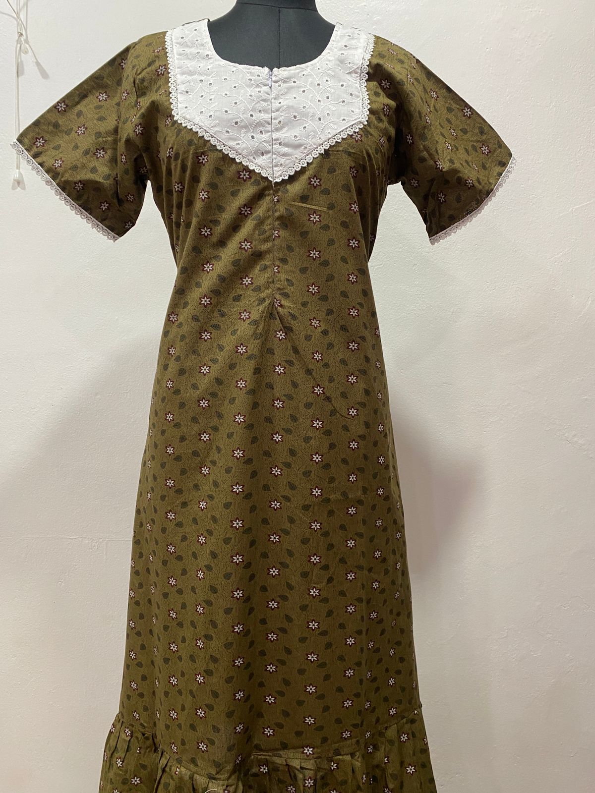 Feeding Frock Nighty with Hakoba Neck & 12" Center Zip – Cotton | Lace-Edged Sleeves (48” Length | 44” Width)