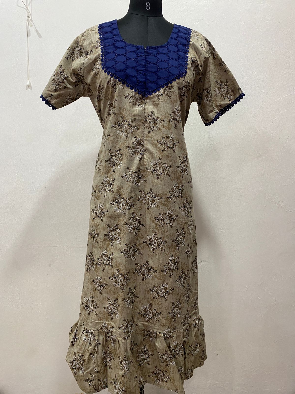 Feeding Frock Nighty with Hakoba Neck & 12" Center Zip – Cotton | Lace-Edged Sleeves (48” Length | 44” Width)