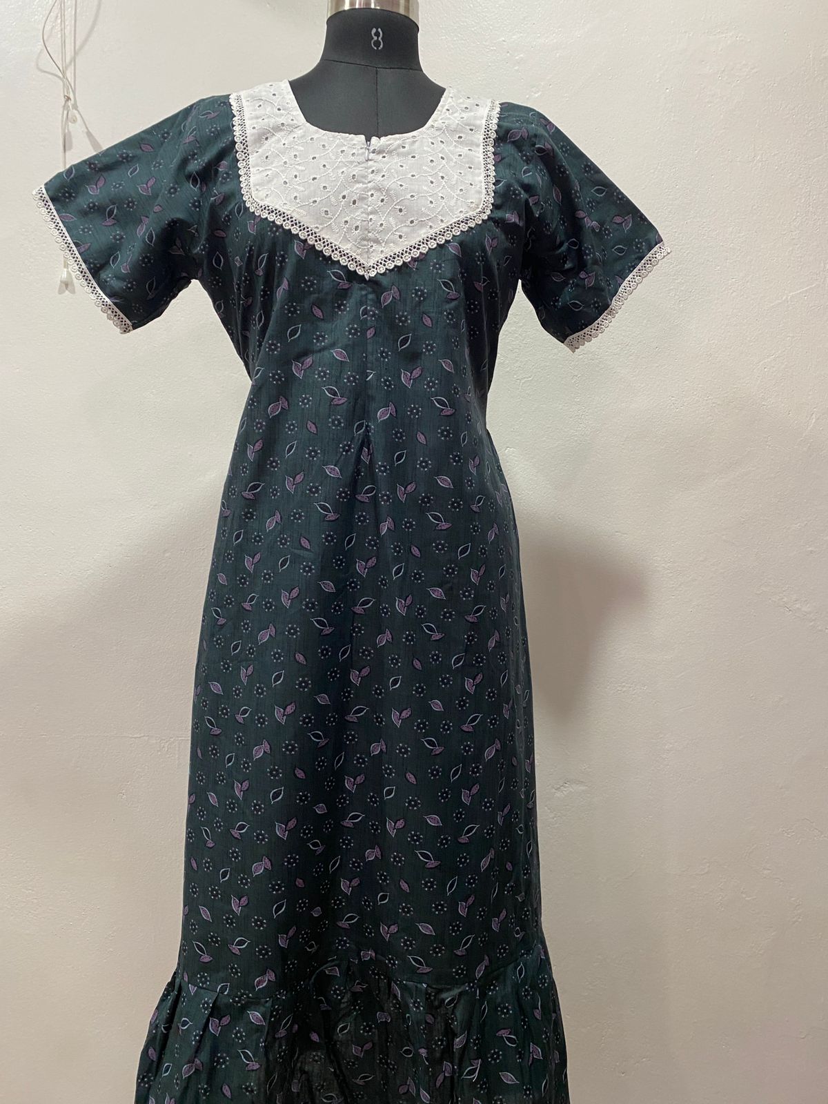 Feeding Frock Nighty with Hakoba Neck & 12" Center Zip – Cotton | Lace-Edged Sleeves (48” Length | 44” Width)