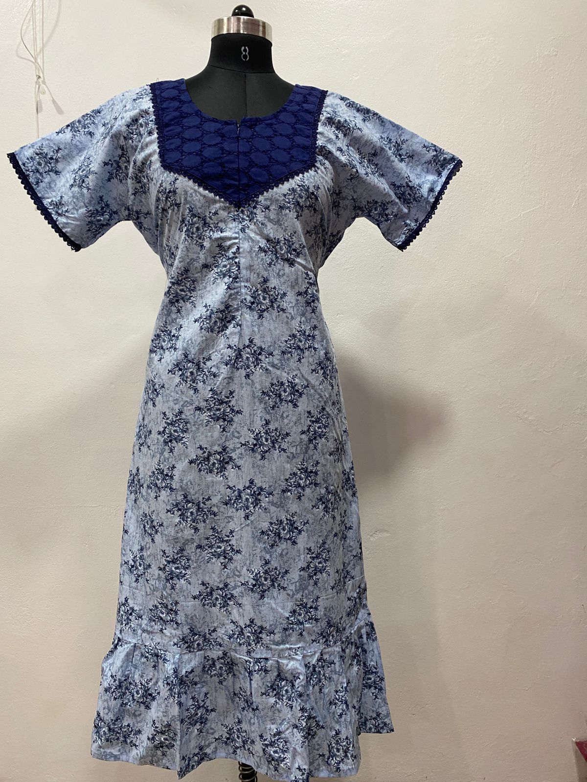 Feeding Frock Nighty with Hakoba Neck & 12" Center Zip – Cotton | Lace-Edged Sleeves (48” Length | 44” Width)