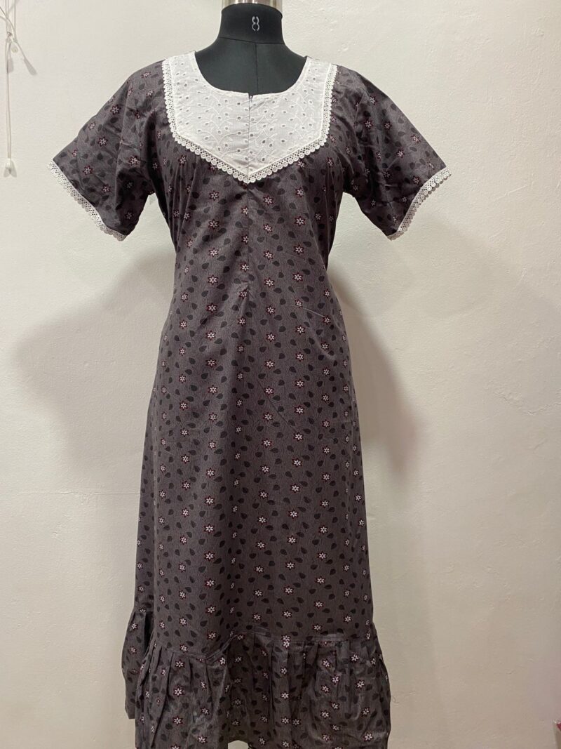 Feeding Frock Nighty with Hakoba Neck & 12" Center Zip – Cotton | Lace-Edged Sleeves (48” Length | 44” Width)