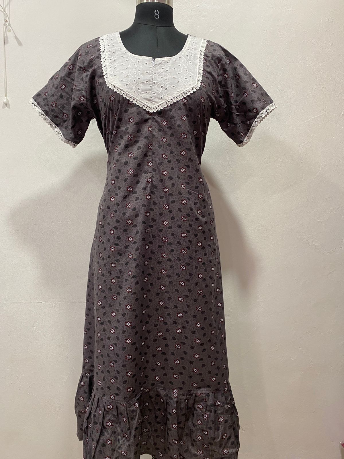 Feeding Frock Nighty with Hakoba Neck & 12" Center Zip – Cotton | Lace-Edged Sleeves (48” Length | 44” Width)