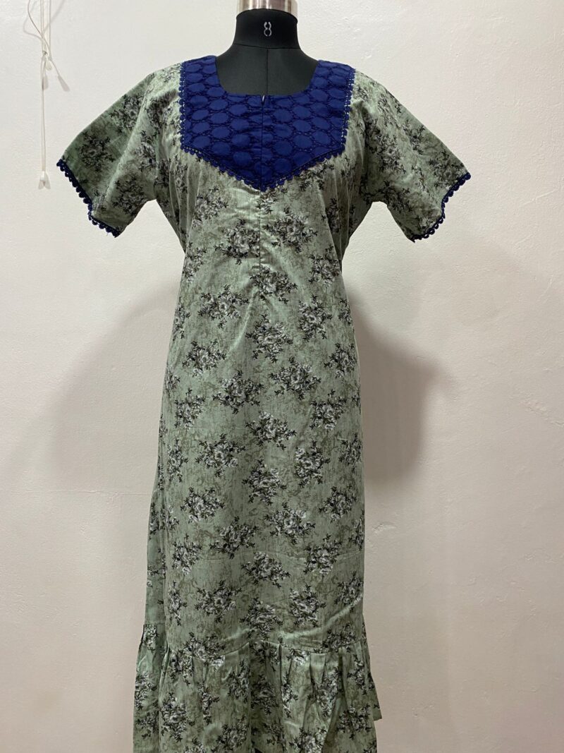 Feeding Frock Nighty with Hakoba Neck & 12" Center Zip – Cotton | Lace-Edged Sleeves (48” Length | 44” Width)