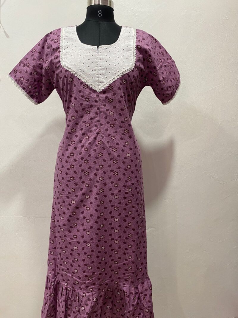 Feeding Frock Nighty with Hakoba Neck & 12" Center Zip – Cotton | Lace-Edged Sleeves (48” Length | 44” Width)