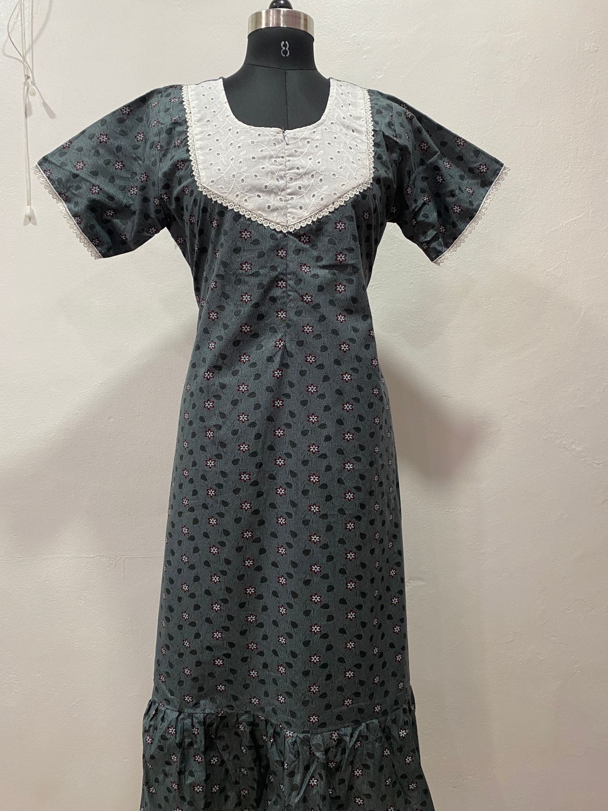 Feeding Frock Nighty with Hakoba Neck & 12" Center Zip – Cotton | Lace-Edged Sleeves (48” Length | 44” Width)