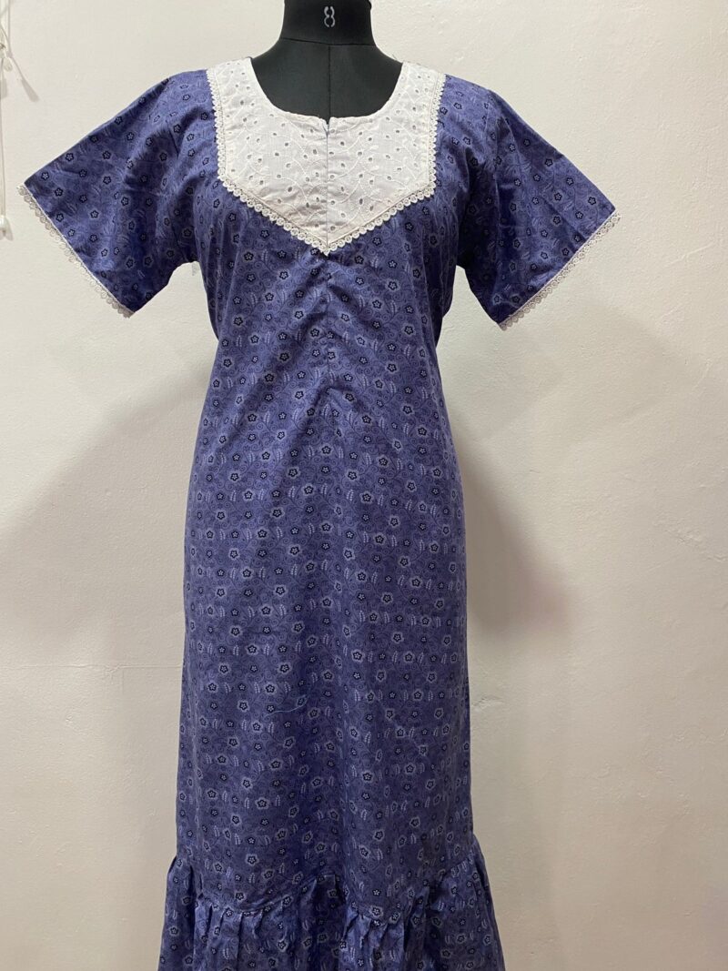 Feeding Frock Nighty with Hakoba Neck & 12" Center Zip – Cotton | Lace-Edged Sleeves (48” Length | 44” Width)