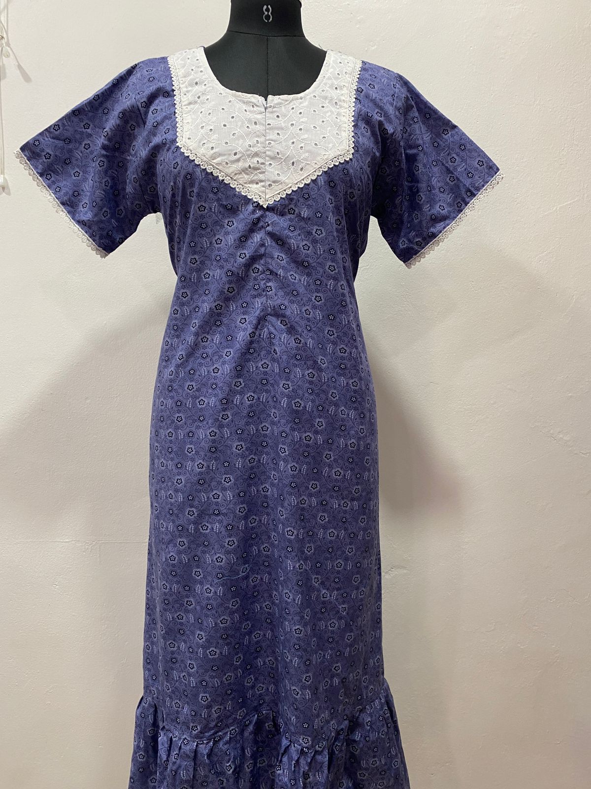 Feeding Frock Nighty with Hakoba Neck & 12" Center Zip – Cotton | Lace-Edged Sleeves (48” Length | 44” Width)