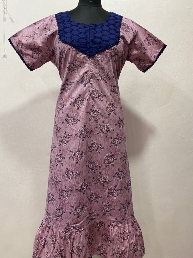 Feeding Frock Nighty with Hakoba Neck & 12" Center Zip – Cotton | Lace-Edged Sleeves (48” Length | 44” Width)