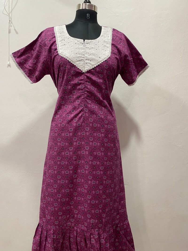 Feeding Frock Nighty with Hakoba Neck & 12" Center Zip – Cotton | Lace-Edged Sleeves (48” Length | 44” Width)