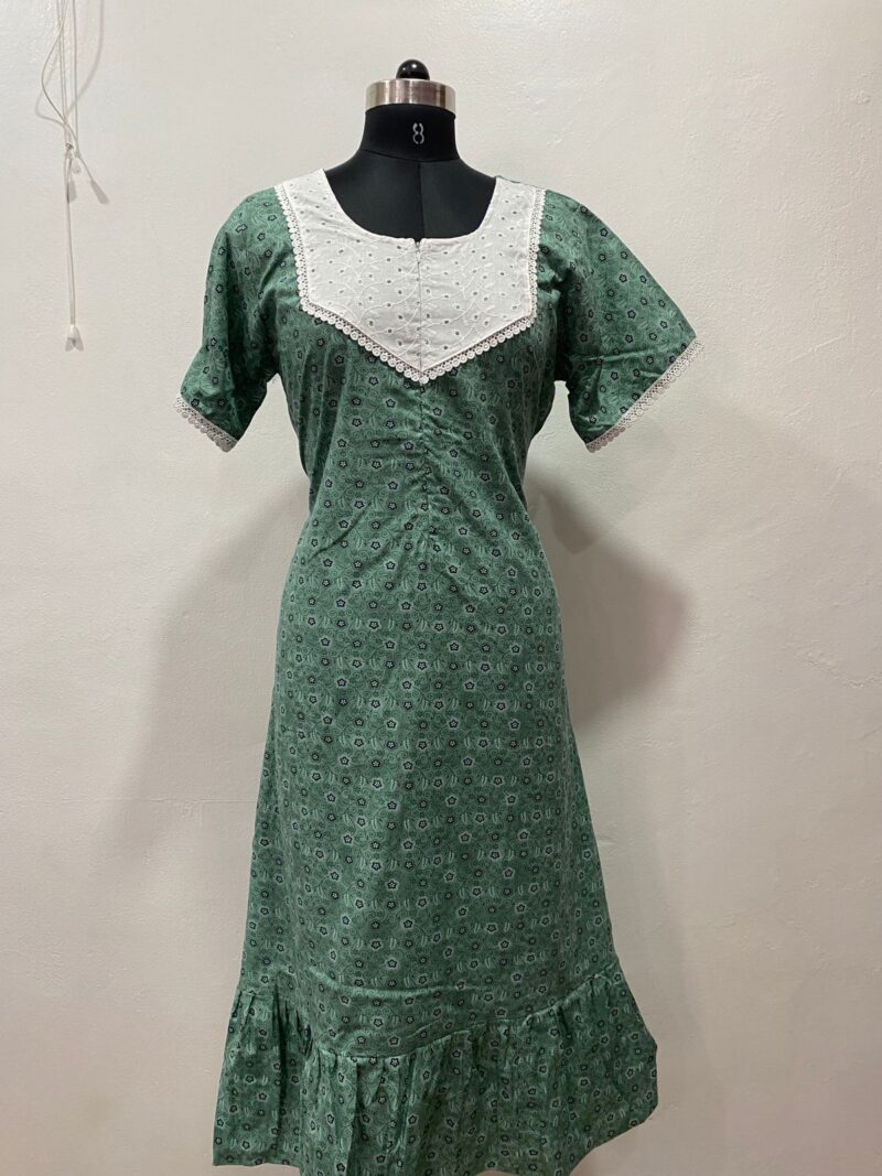 Feeding Frock Nighty with Hakoba Neck & 12" Center Zip – Cotton | Lace-Edged Sleeves (48” Length | 44” Width)