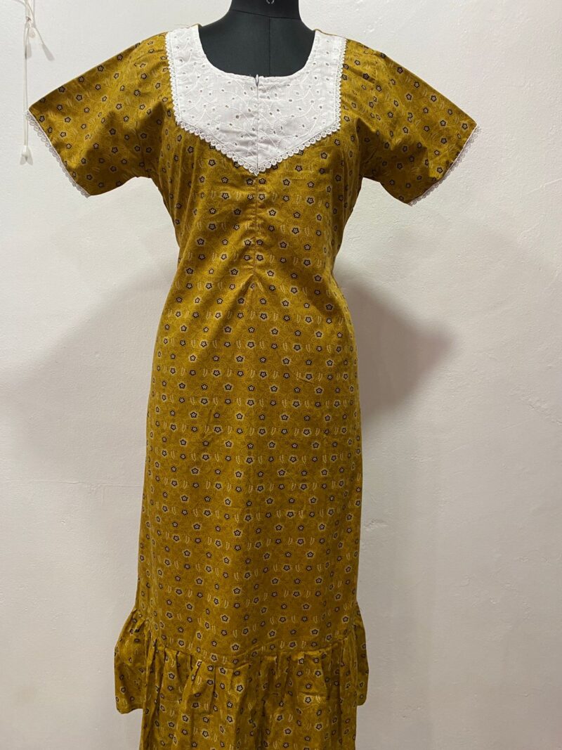 Feeding Frock Nighty with Hakoba Neck & 12" Center Zip – Cotton | Lace-Edged Sleeves (48” Length | 44” Width)