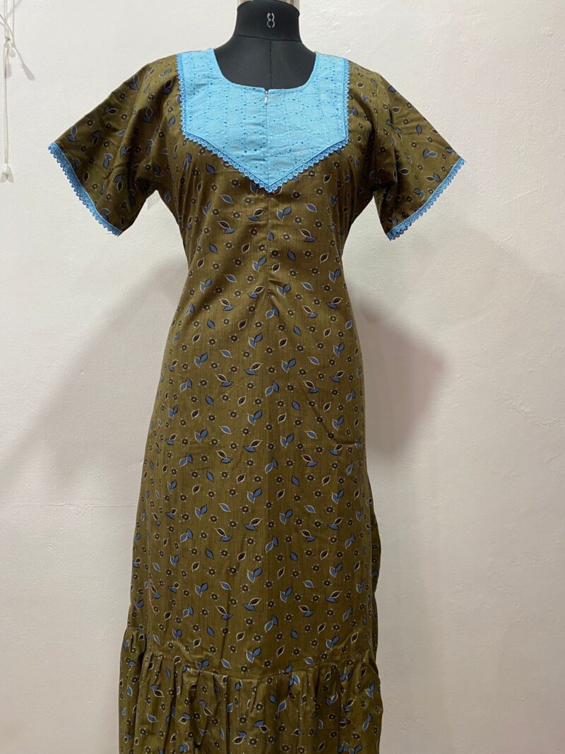 Feeding Frock Nighty with Hakoba Neck & 12" Center Zip – Cotton | Lace-Edged Sleeves (48” Length | 44” Width)