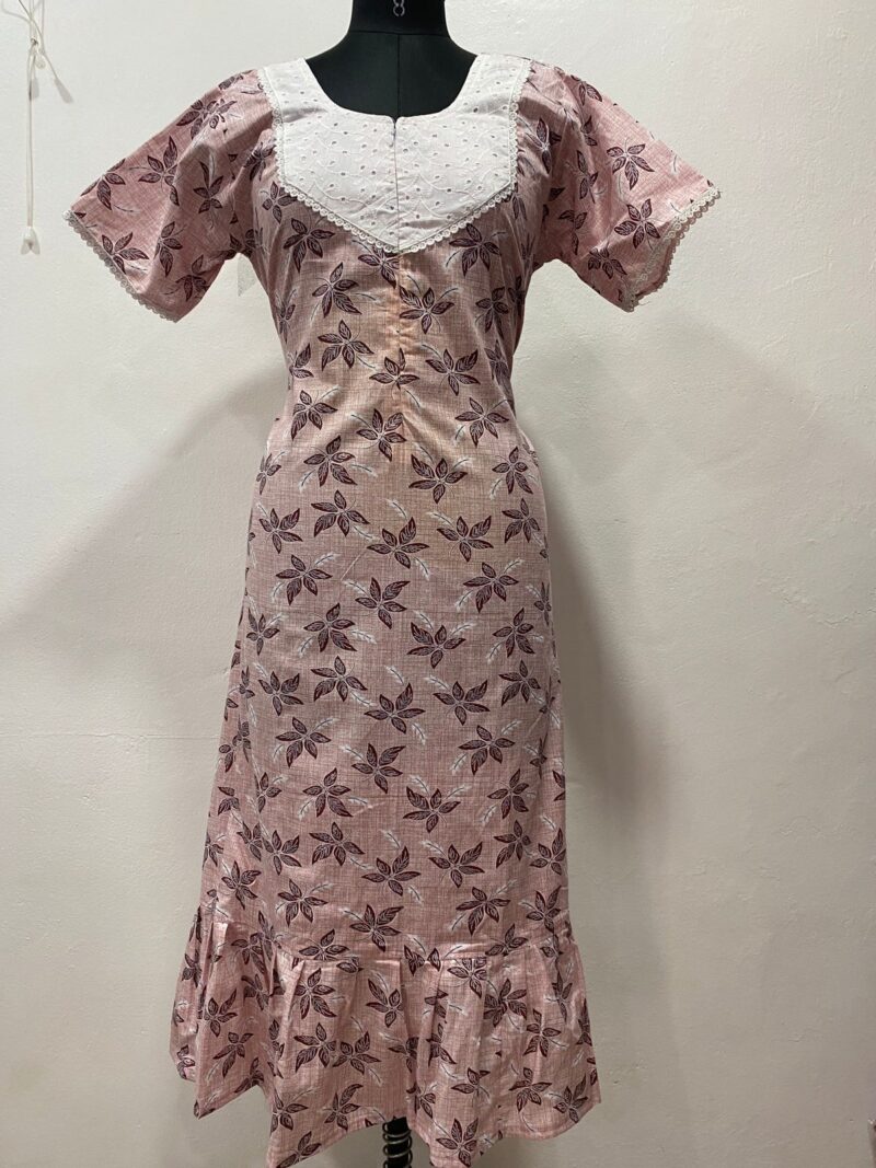 Feeding Frock Nighty with Hakoba Neck & 12" Center Zip – Cotton | Lace-Edged Sleeves (48” Length | 44” Width)