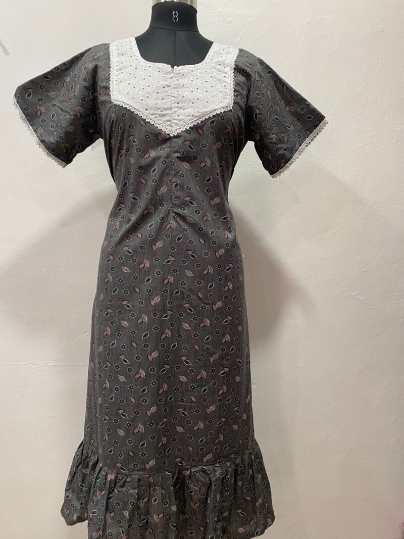 Feeding Frock Nighty with Hakoba Neck & 12" Center Zip – Cotton | Lace-Edged Sleeves (48” Length | 44” Width)