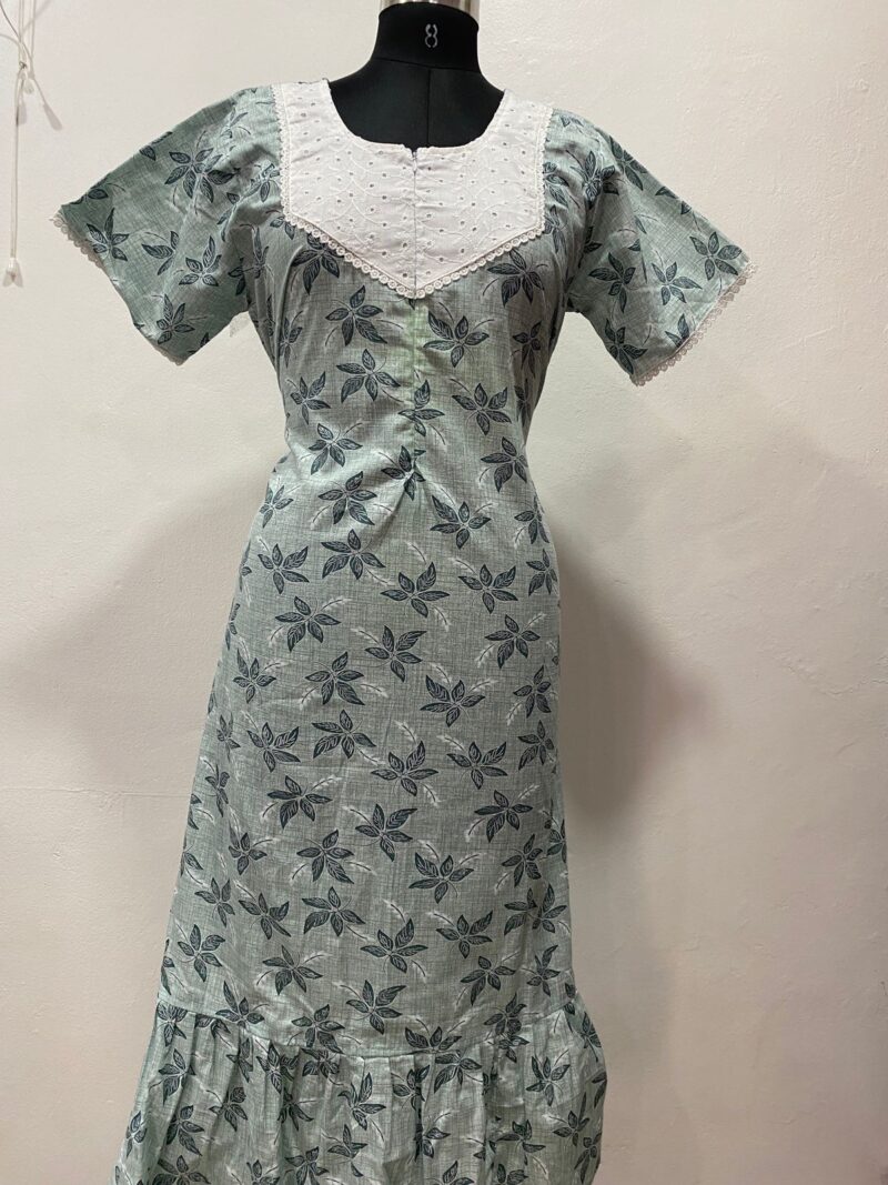 Feeding Frock Nighty with Hakoba Neck & 12" Center Zip – Cotton | Lace-Edged Sleeves (48” Length | 44” Width)