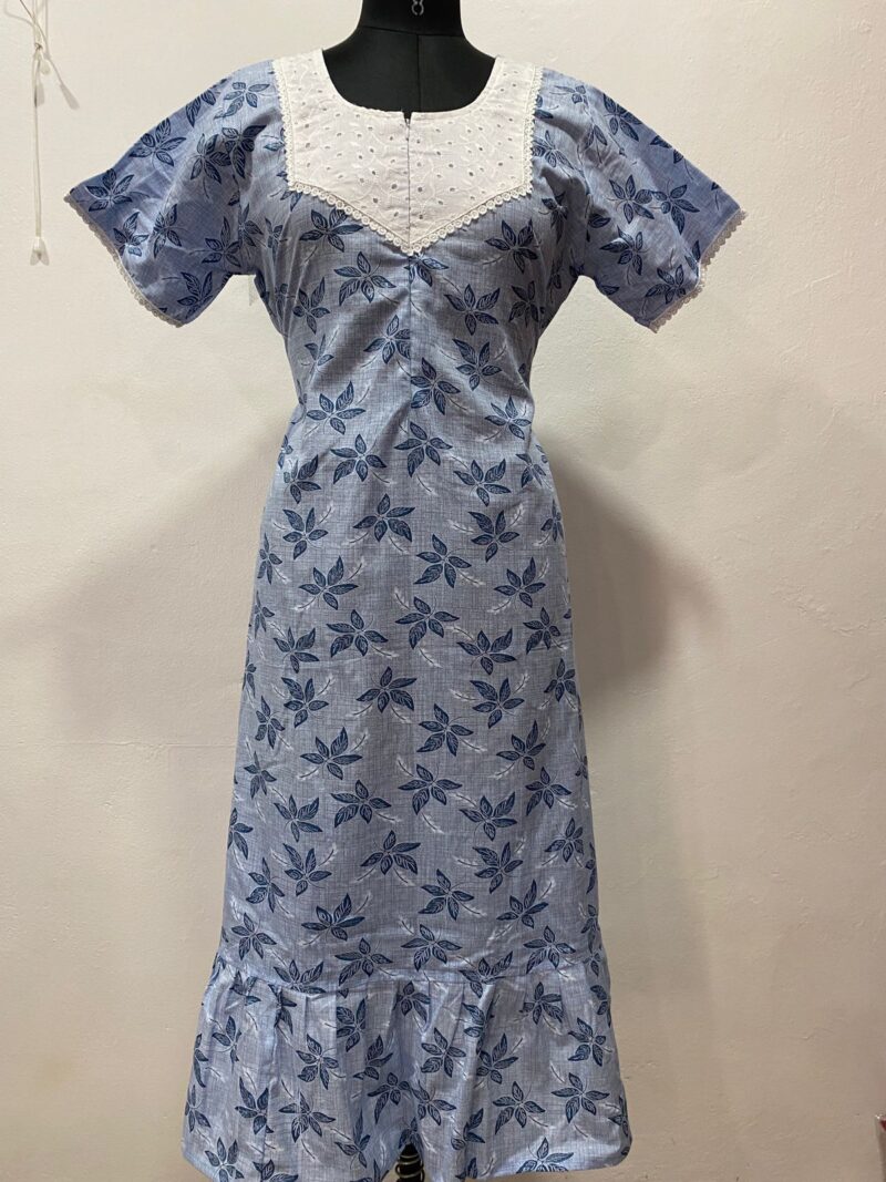 Feeding Frock Nighty with Hakoba Neck & 12" Center Zip – Cotton | Lace-Edged Sleeves (48” Length | 44” Width)