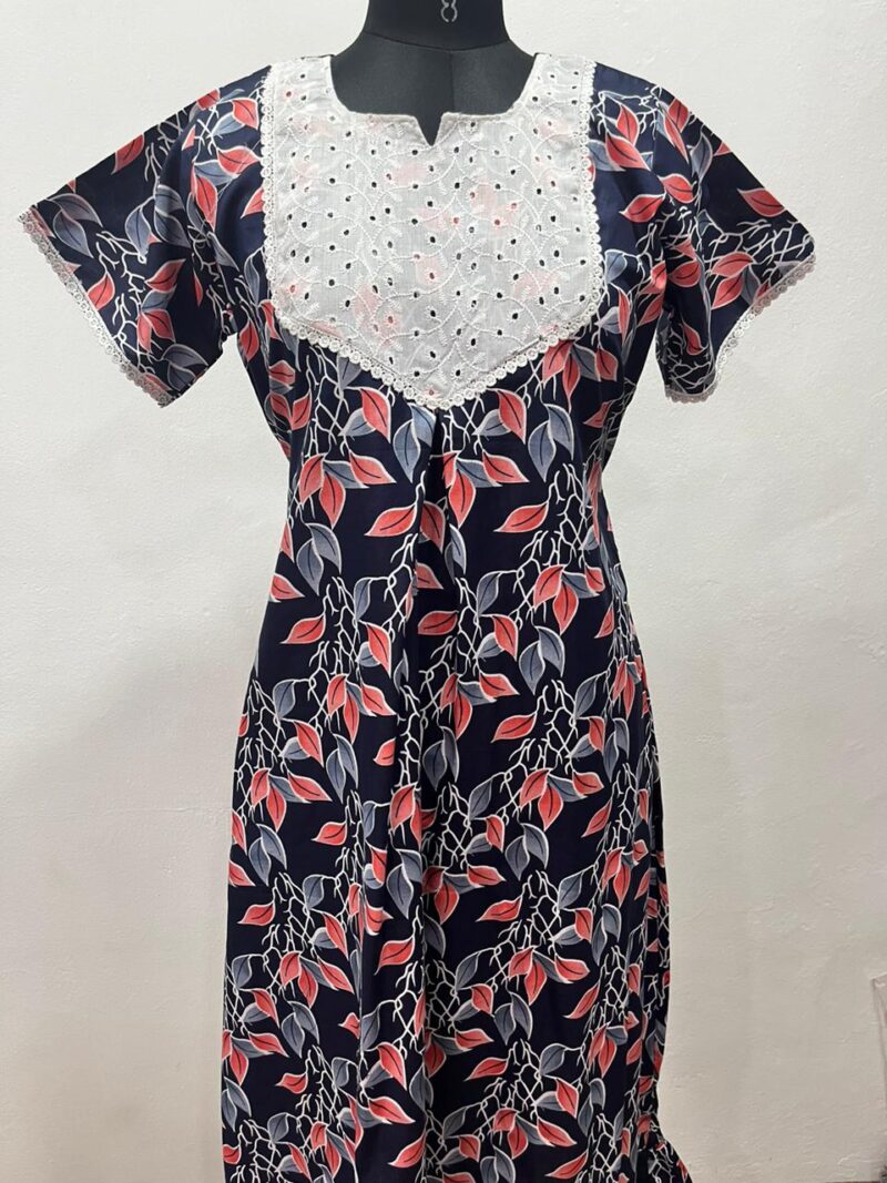 Frock Nighty with Hakoba work Neck – Cotton | Lace-Edged Sleeves (48” Length | 44” Width)