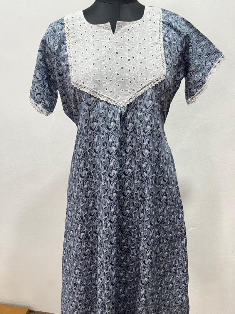 Frock Nighty with Hakoba work Neck – Cotton | Lace-Edged Sleeves (48” Length | 44” Width)