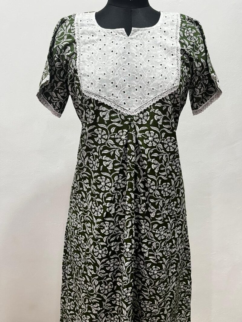 Frock Nighty with Hakoba work Neck – Cotton | Lace-Edged Sleeves (48” Length | 44” Width)